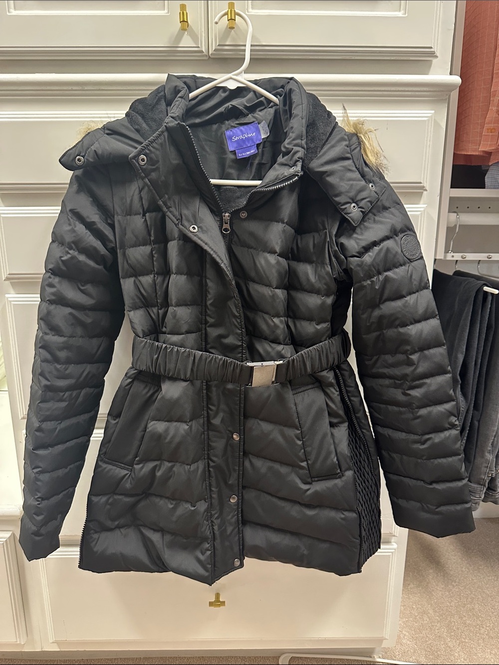 Seraphine Maternity Black Quilted Belted Puffer Coat with Hood
